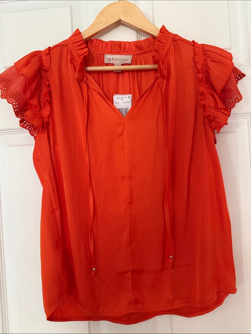 Philosophy Vibrant Orange Ruffle Sleeve Tie-Neck Blouse